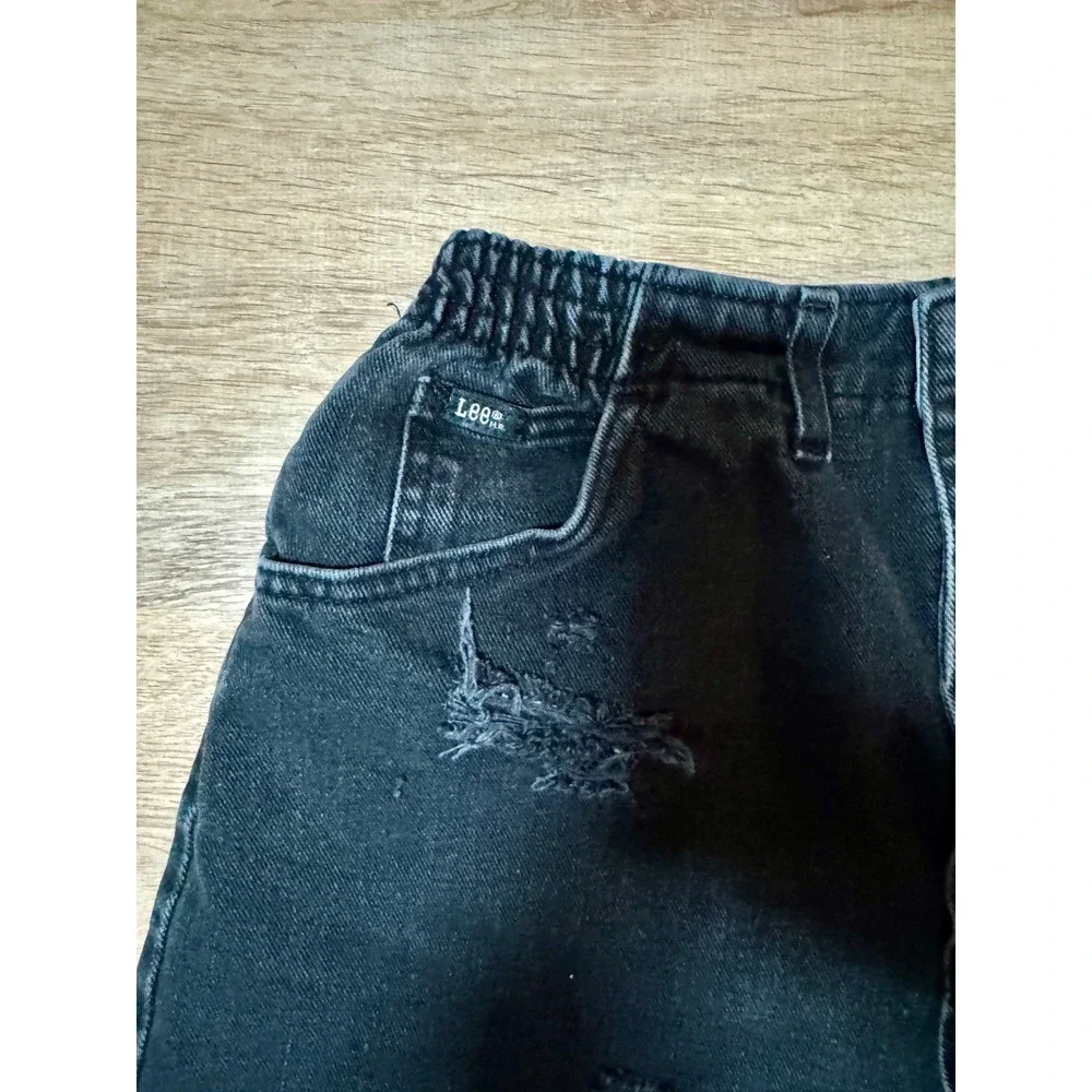 Vintage Lee Denim Shorts Distressed Frayed‎ Black Elastic Waist Women's Size 12